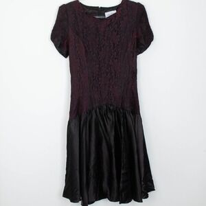 VTG 80s Miss Dorby Lace Midi Dress Purple Black Puff‎ Sleeve Size 16 Whimsigoth